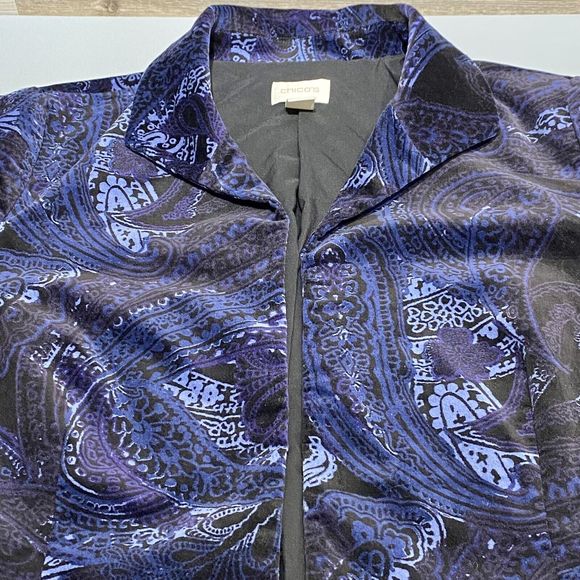 Chicos Velvet Jacket Women’s L (2) Paisley Floral Open Front Blazer Blue Purple - Picture 6 of 11